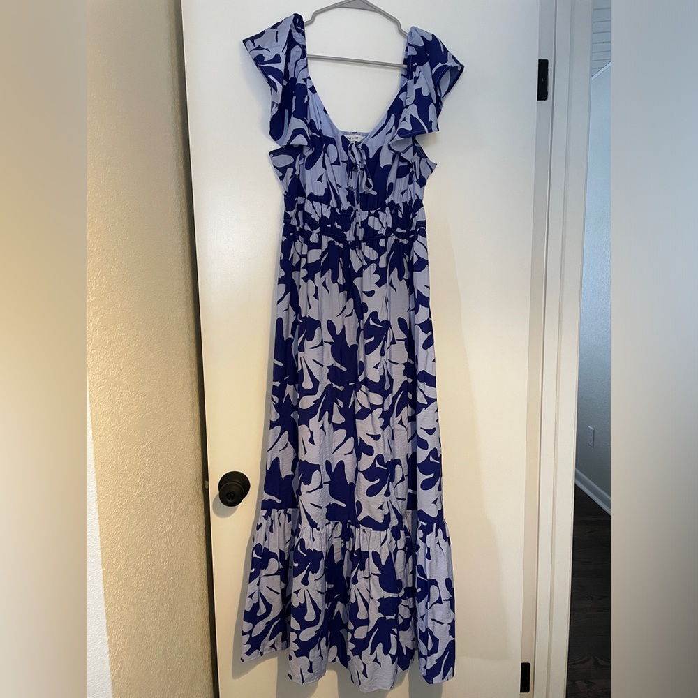 Nine West Blue and White Floral Maxi Dress with Ruffle Shoulders